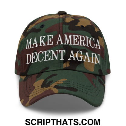 Make america decent again embroidered unstructured dad hat in camouflage with white text across the front