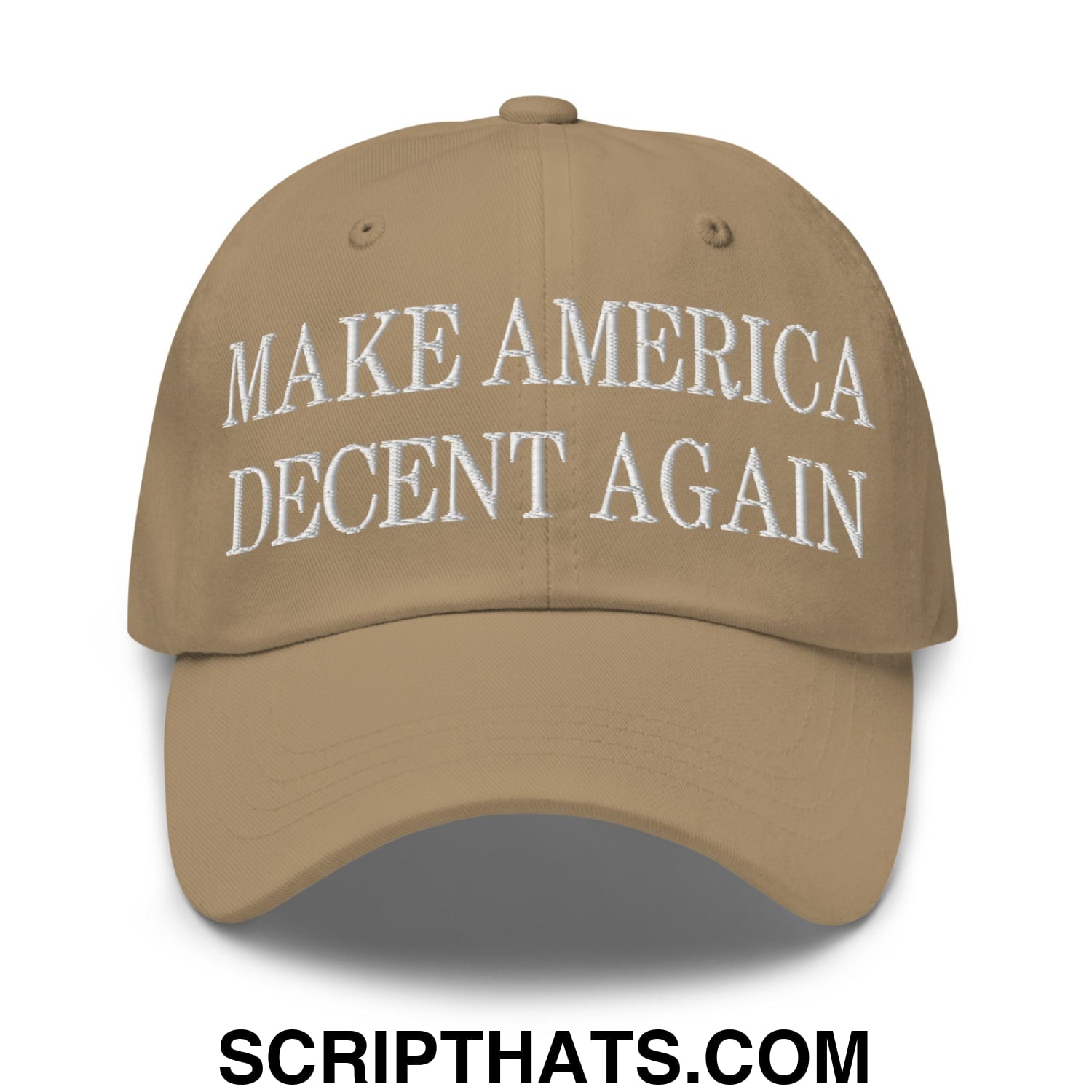 Tan unstructured dad hat with white embroidered text make america decent again for casual wear