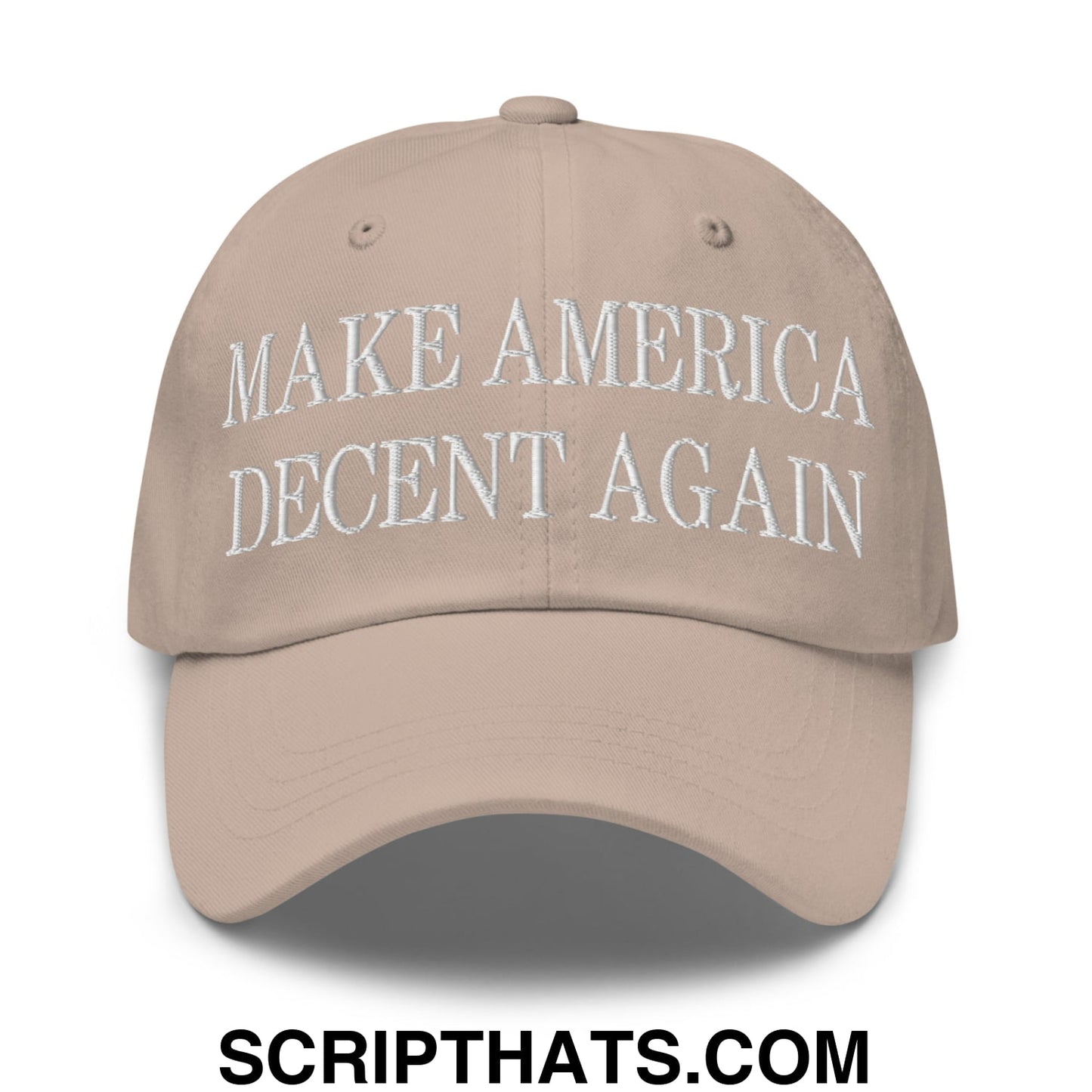 Beige unstructured dad hat with white embroidered text make america decent again for casual wear