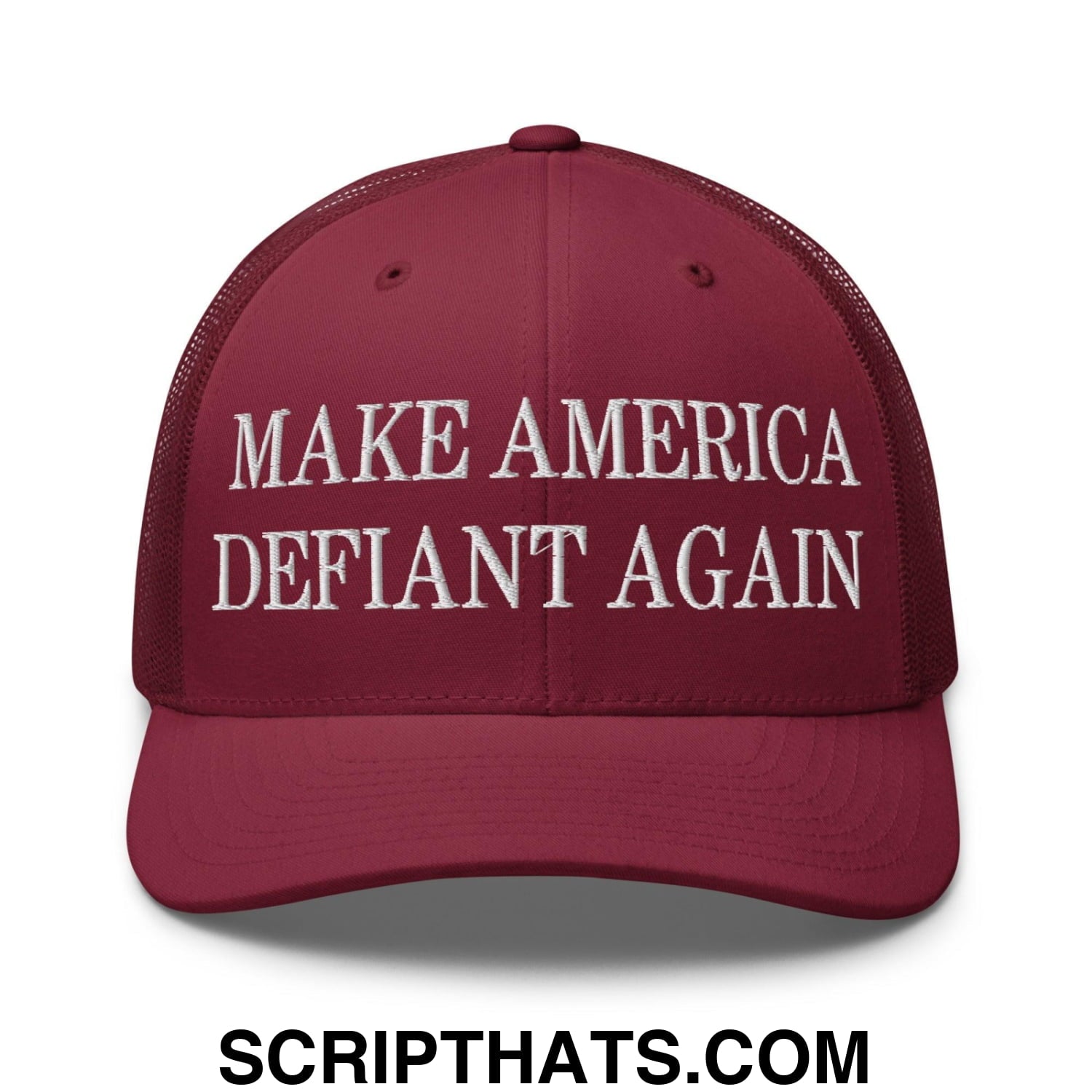 Make America Defiant Again Embroidered Mesh Trucker Hat Cranberry