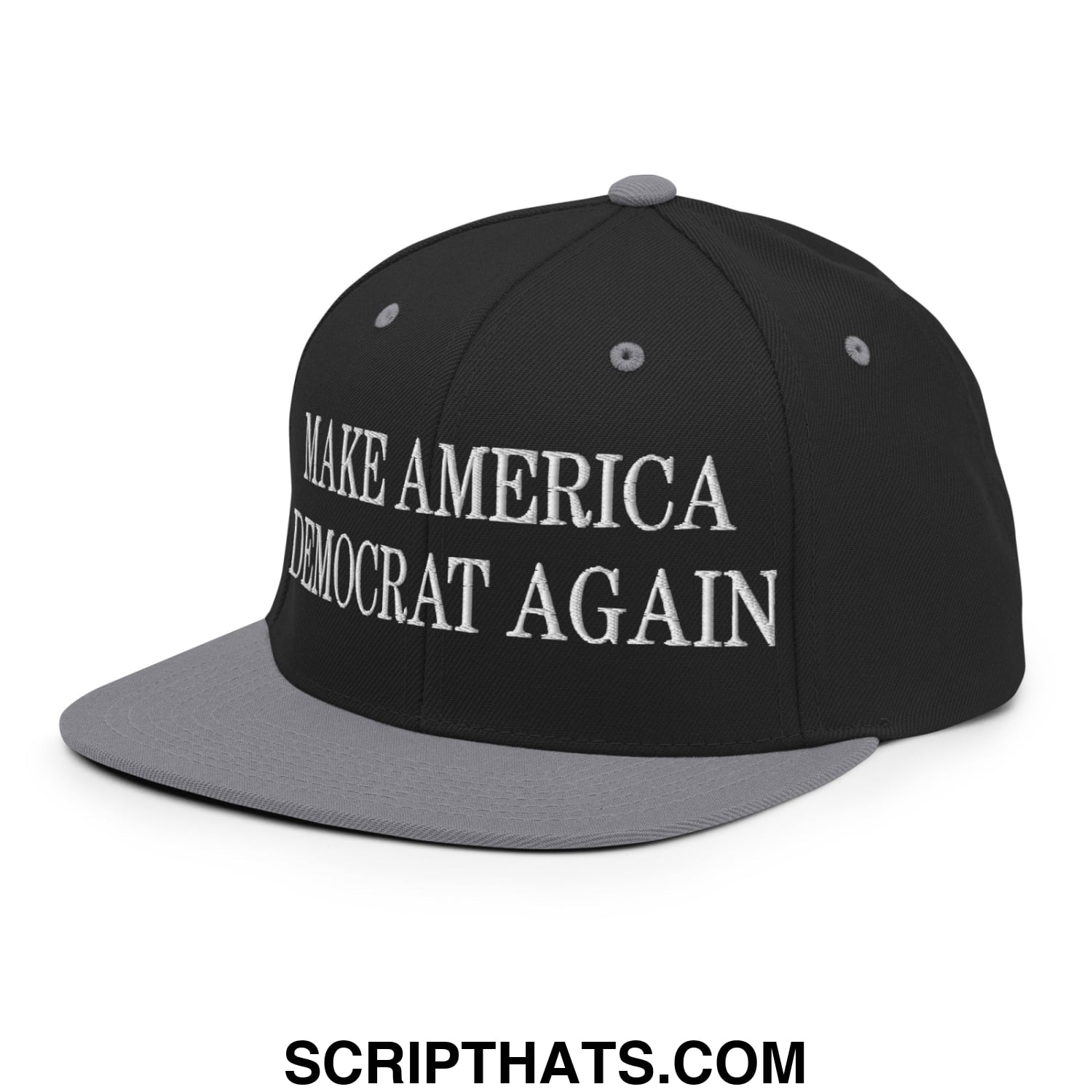Black and gray snapback cap with flat bill brim and white embroidered text make america democrat again