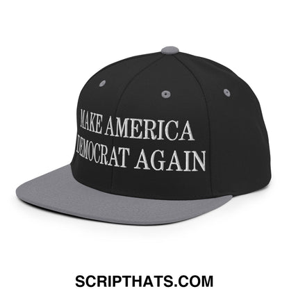 Black and gray snapback cap with flat bill brim and white embroidered text make america democrat again