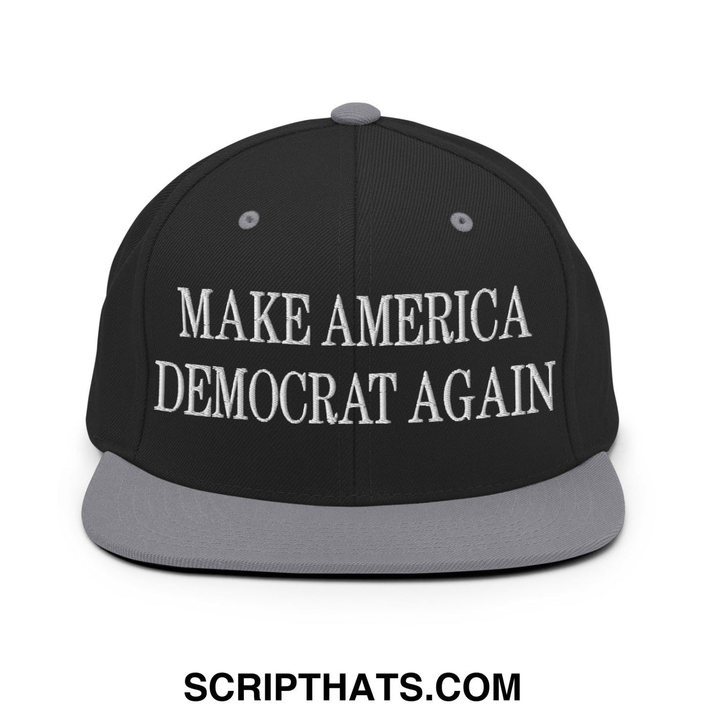 Black snapback cap with gray brim and white embroidered make america democrat again text on front panel