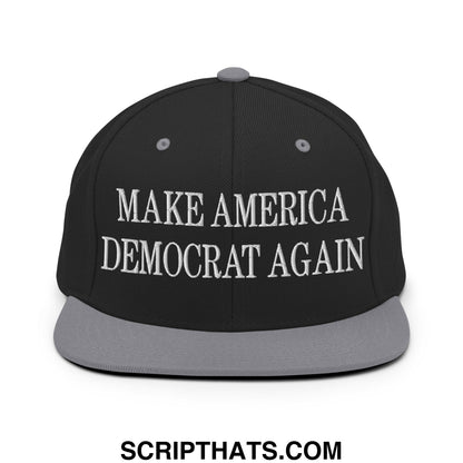 Black snapback cap with gray brim and white embroidered make america democrat again text on front panel