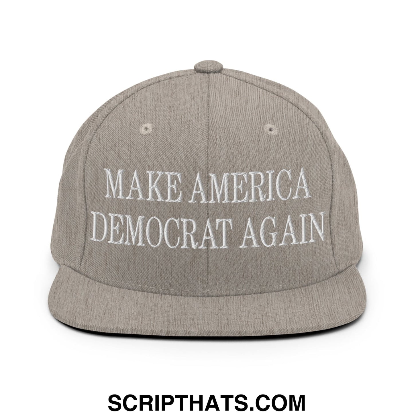 Gray snapback hat with white embroidered make america democrat again text and a flat bill brim design