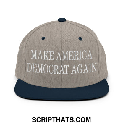 Make America Democrat Again embroidered flat bill brim snapback hat in gray and navy blue with white text