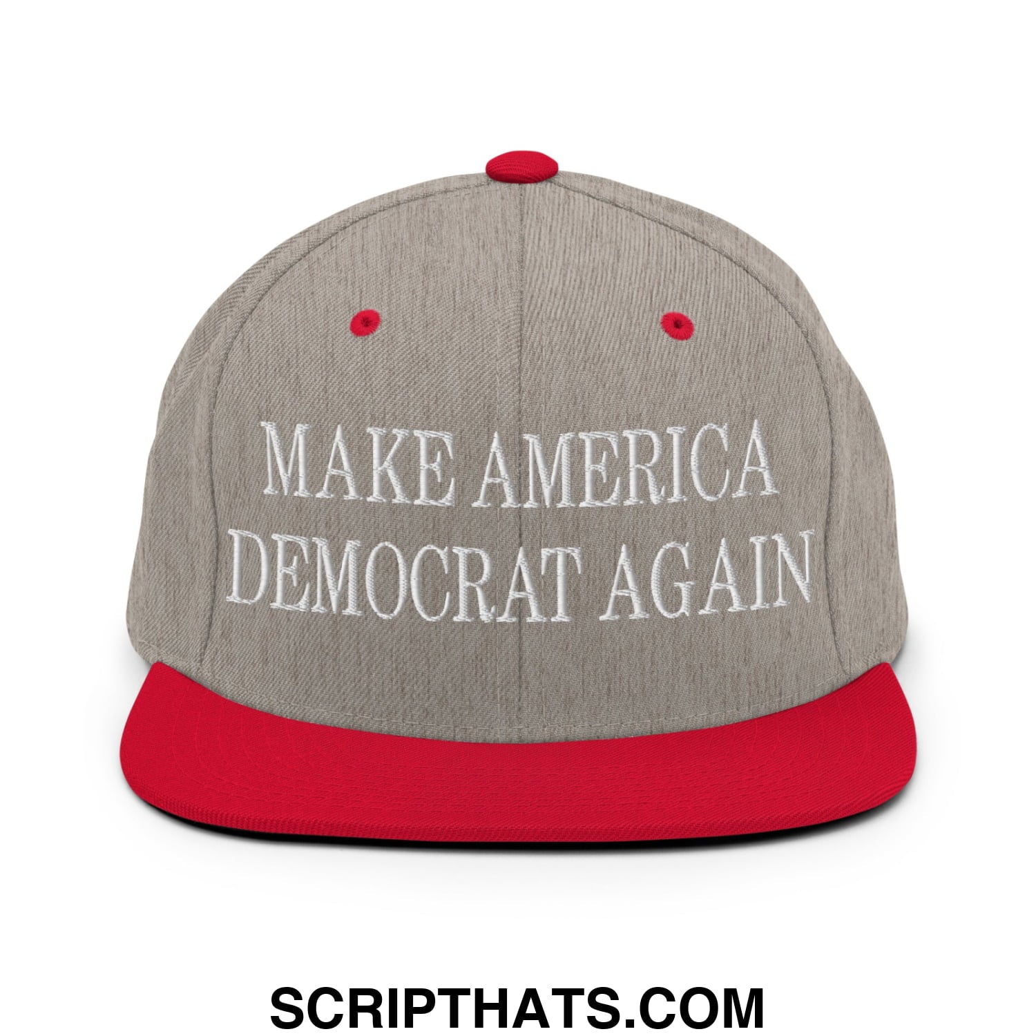 Gray and red snapback cap with white embroidered make america democrat again text and flat bill brim design