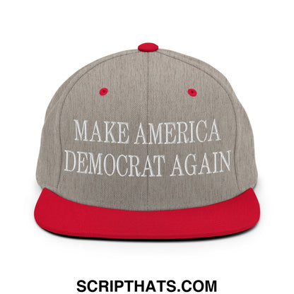 Gray and red snapback cap with white embroidered make america democrat again text and flat bill brim design