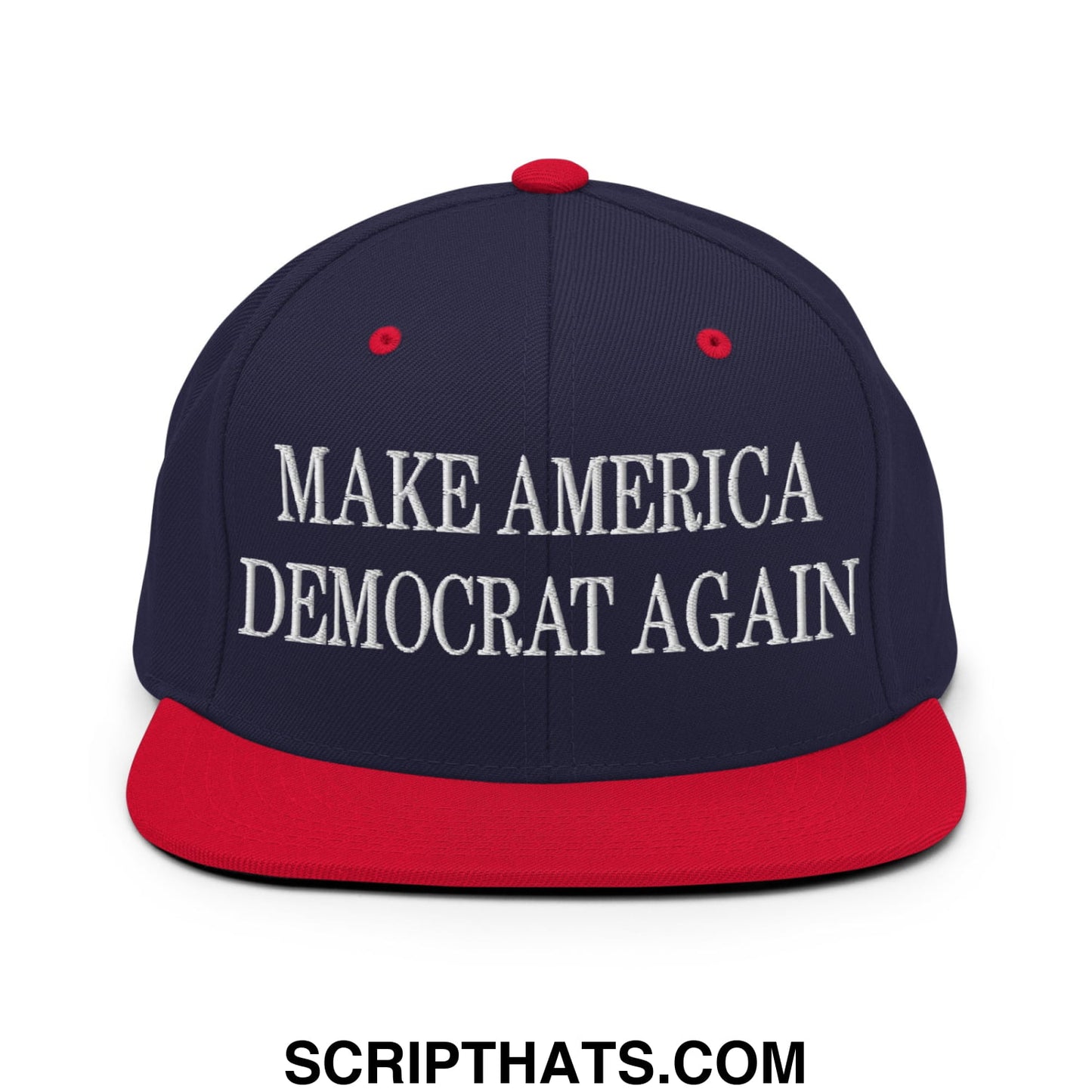 Navy blue and red snapback hat with white embroidered make America Democrat Again flat bill brim design