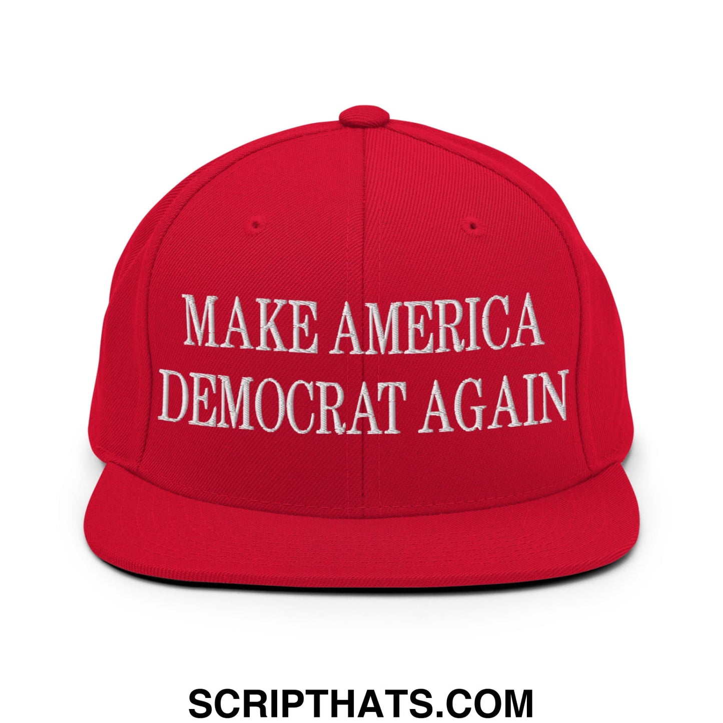 Red snapback cap with white embroidered make america democrat again text and flat bill brim for casual wear