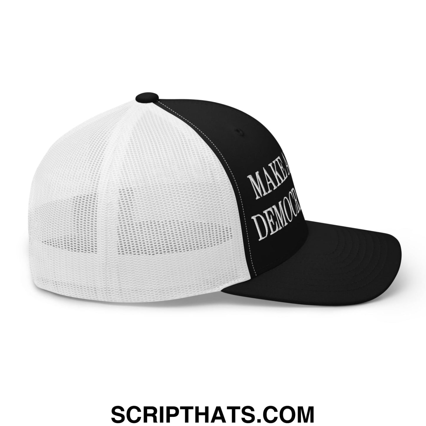 Black and white mesh trucker hat with make democracy embroidered in silver thread on the front panel