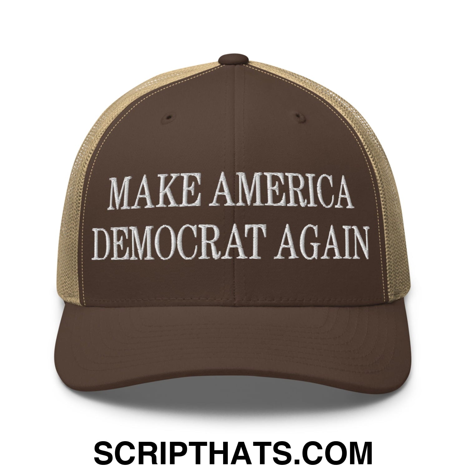 Make America Democrat Again Embroidered Mesh Trucker Hat Brown Khaki
