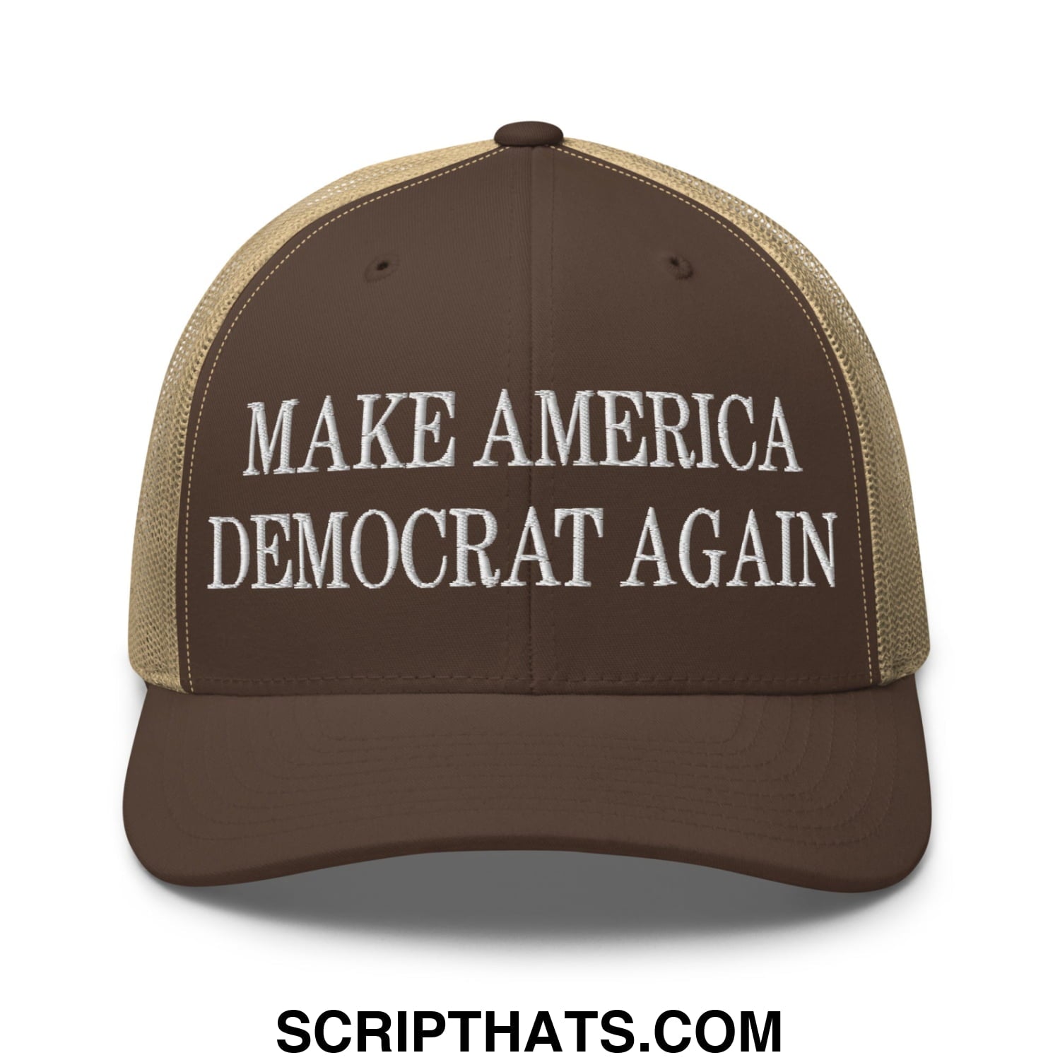 Brown and tan mesh trucker hat with white embroidered text make america democrat again for casual wear