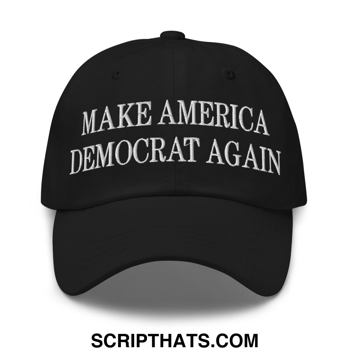 Black unstructured dad hat with white embroidered make america democrat again text ideal for casual wear