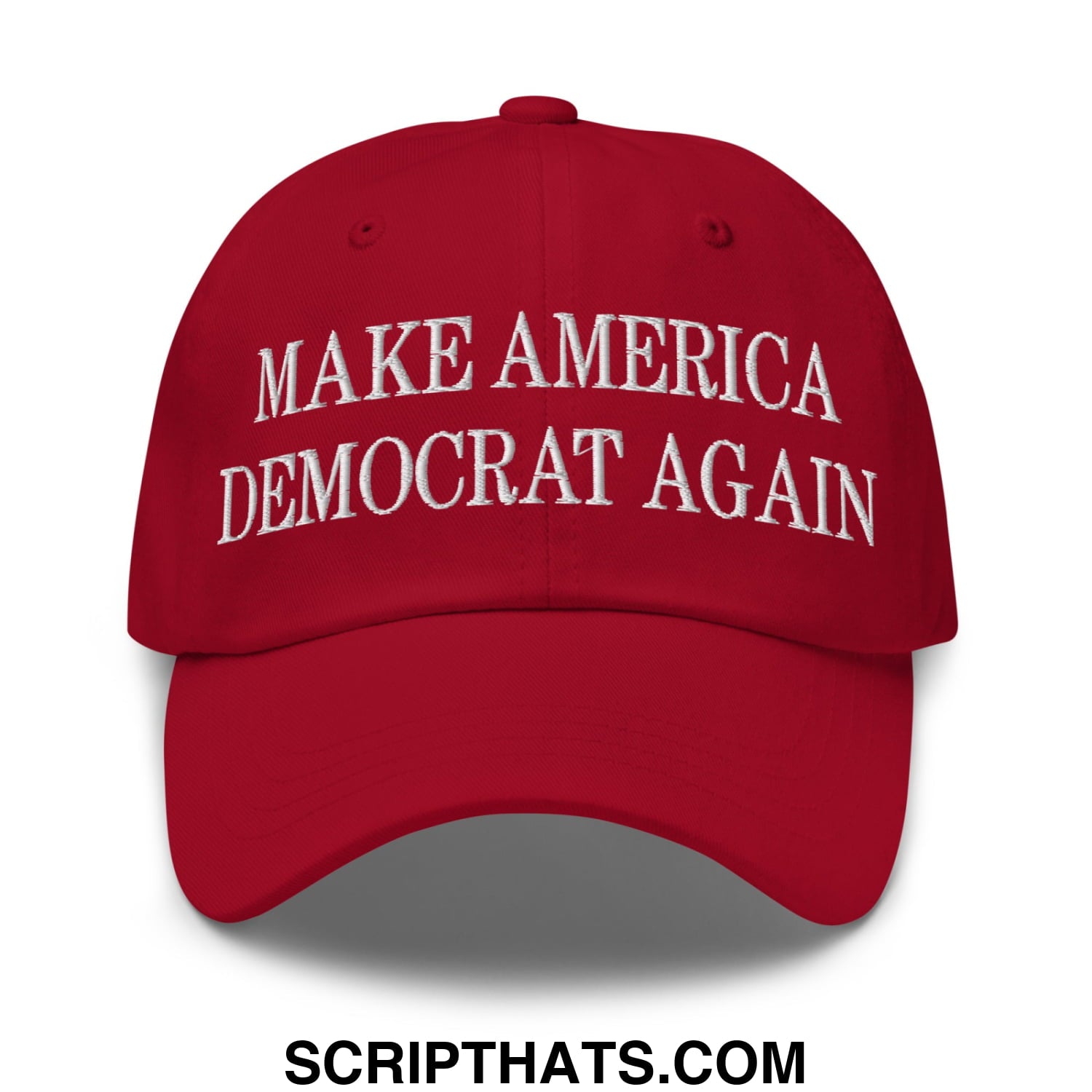 Red embroidered unstructured dad hat with make America Democrat again text for casual wear and political expression