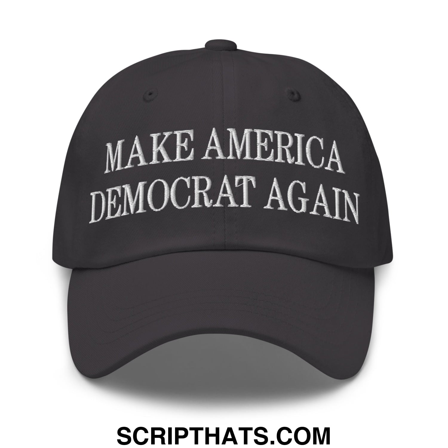 Black unstructured dad hat with white embroidered text make america democrat again for casual wear