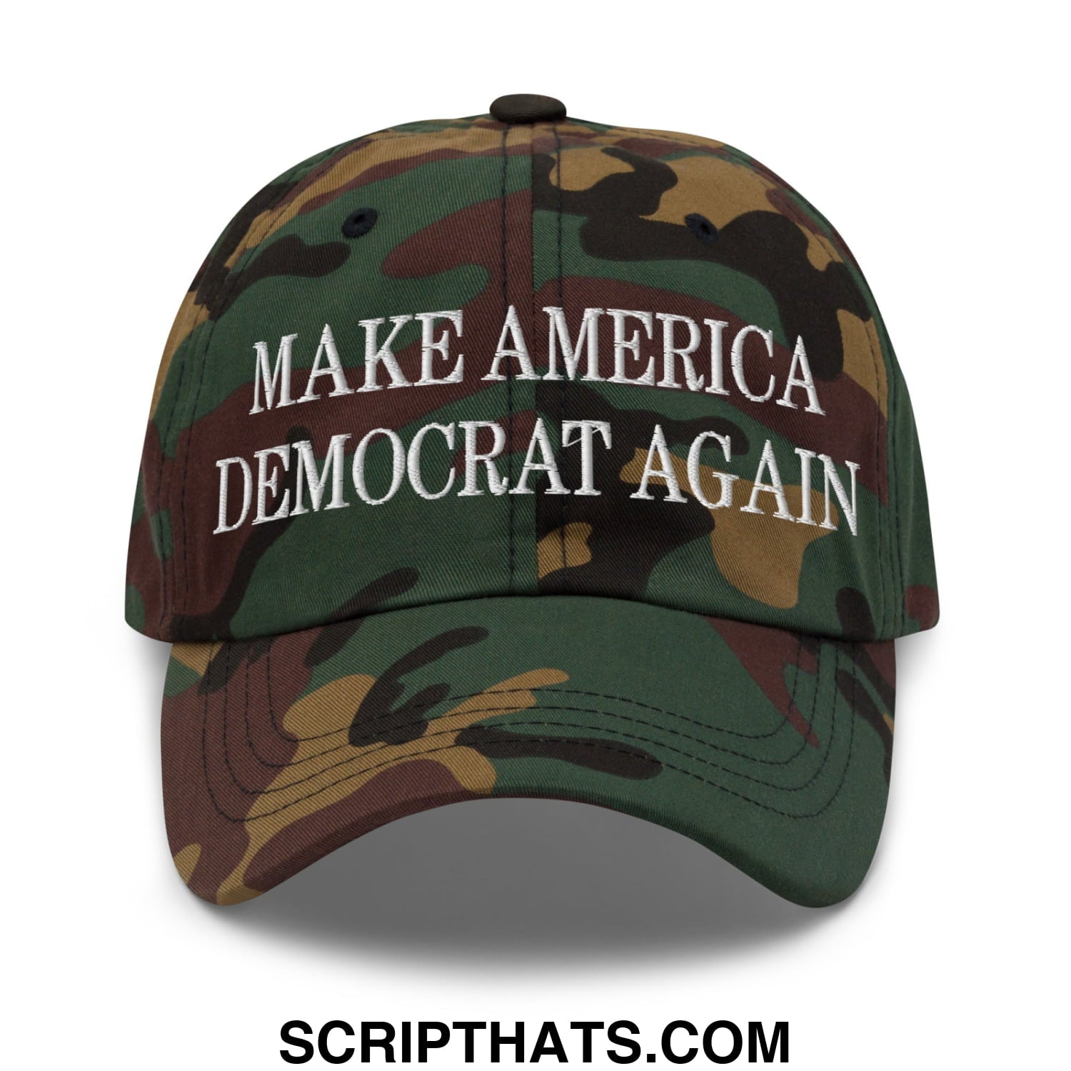 A camouflage unstructured dad hat embroidered with make america democrat again in white lettering