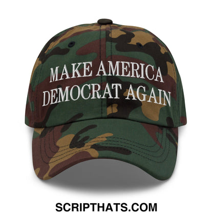 A camouflage unstructured dad hat embroidered with make america democrat again in white lettering