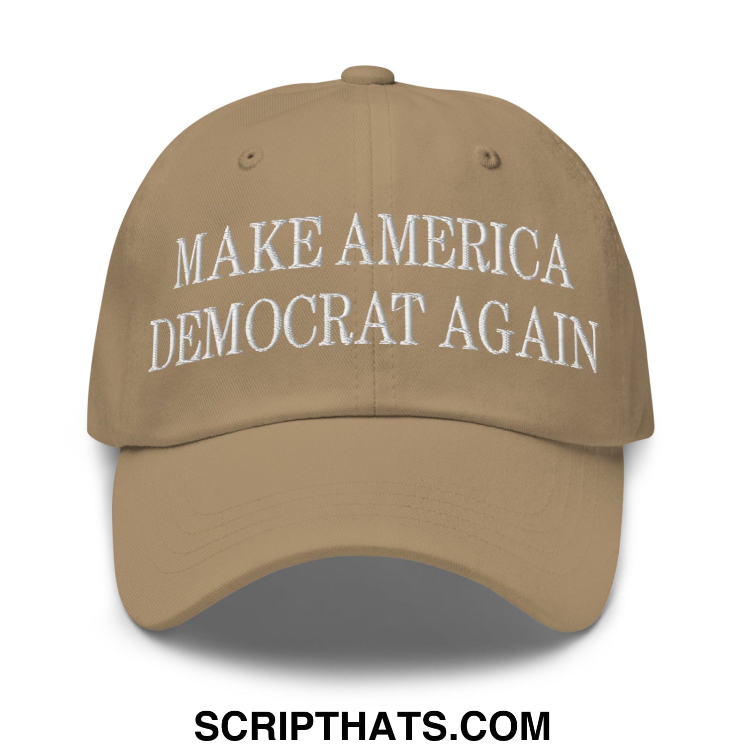 Tan unstructured dad hat with white embroidered make america democrat again text for casual wear
