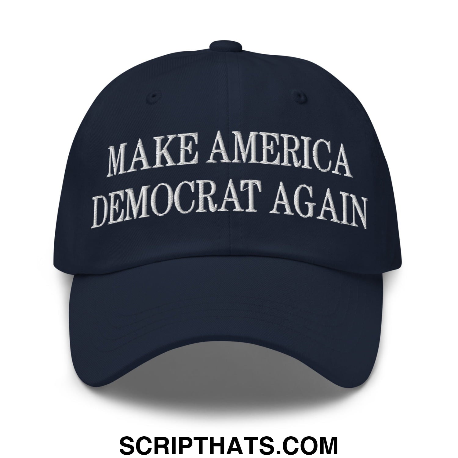 Navy blue unstructured dad hat with white embroidered text make america democrat again for casual wear