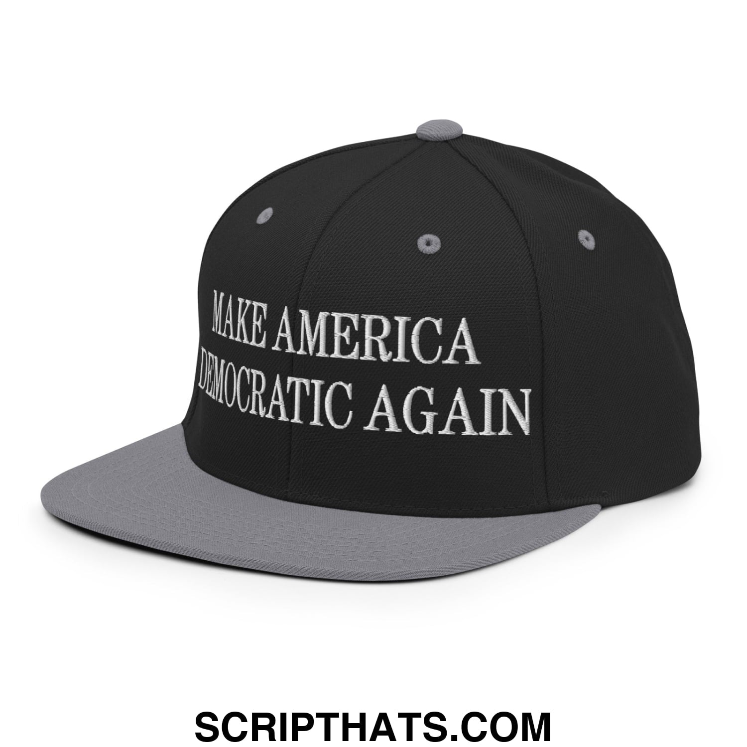 Make America Democratic Again Embroidered Flat Bill Brim Snapback Hat Black Silver