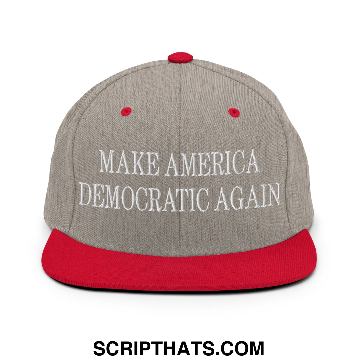 Make America Democratic Again Embroidered Flat Bill Brim Snapback Hat Heather Grey Red