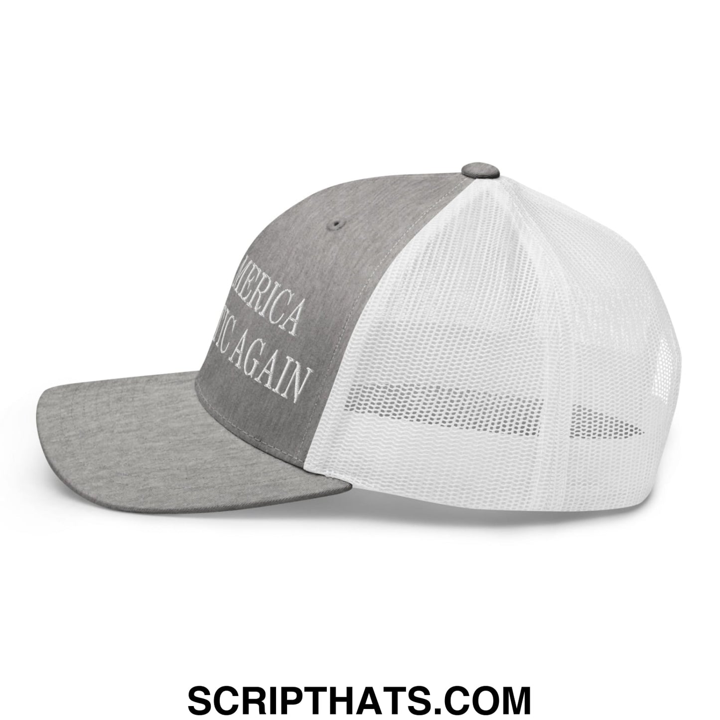 Make America Democratic Again Embroidered Mesh Trucker Hat Heather Grey White