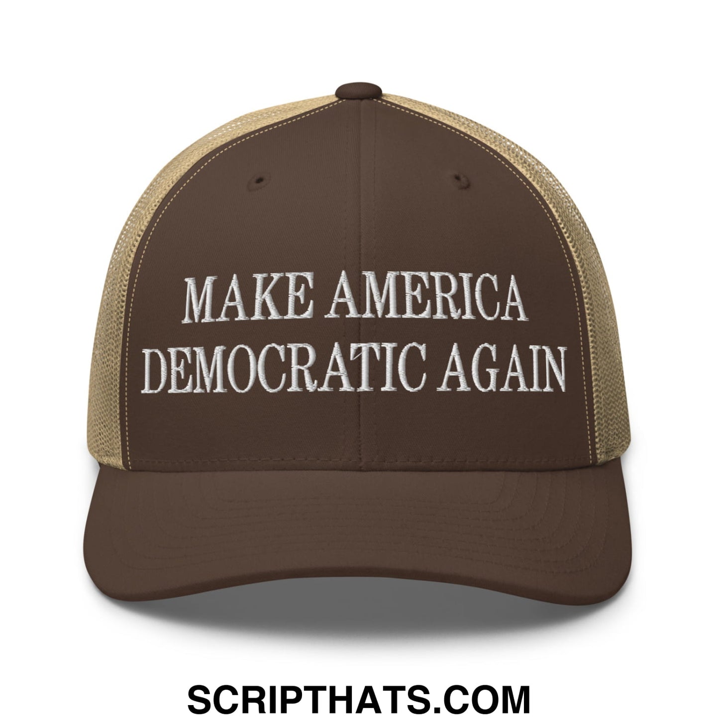 Make America Democratic Again Embroidered Mesh Trucker Hat Brown Khaki