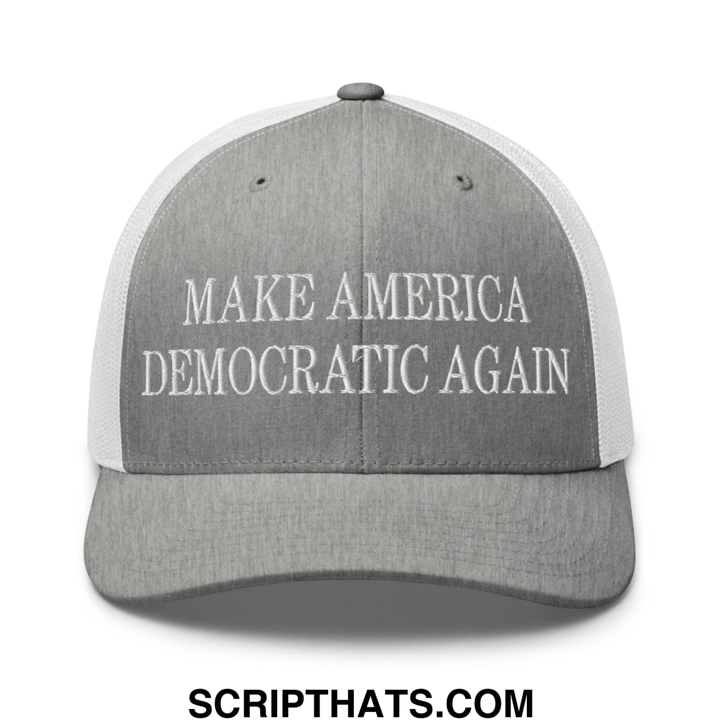 Make America Democratic Again Embroidered Mesh Trucker Hat Heather Grey White