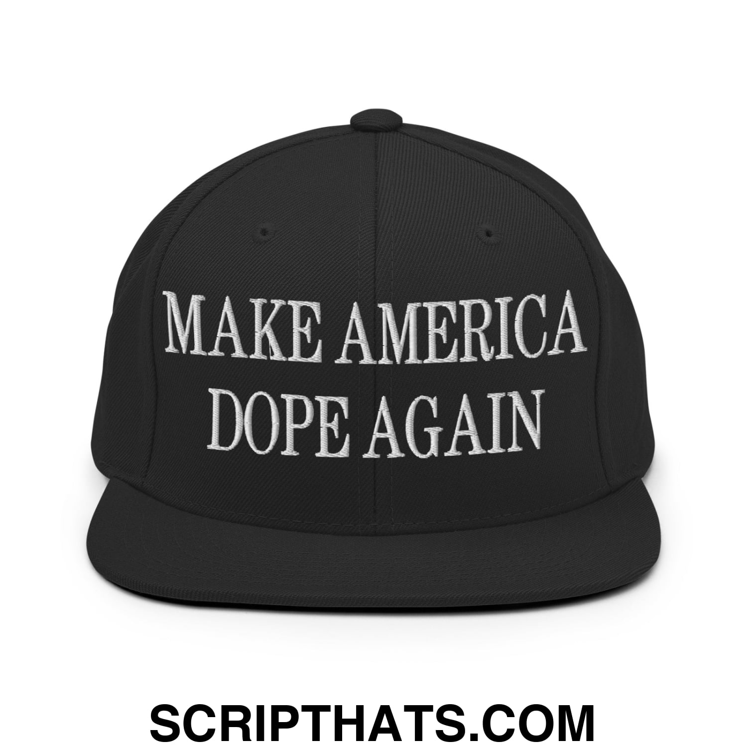Black snapback hat with white embroidered text make america dope again flat bill brim for casual wear