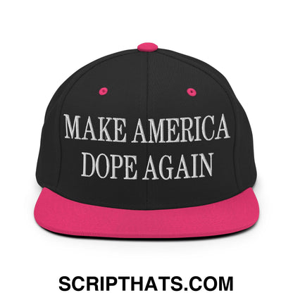 Black snapback cap with vibrant pink brim and button featuring white embroidered make america dope again text