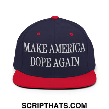 Navy blue and red embroidered flat bill brim snapback hat with white make america dope again text