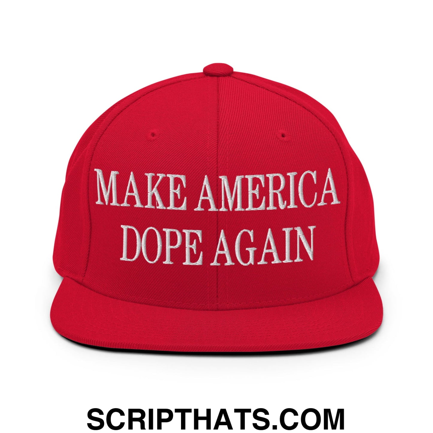 Red snapback cap with white embroidered make america dope again text featuring a flat bill brim design