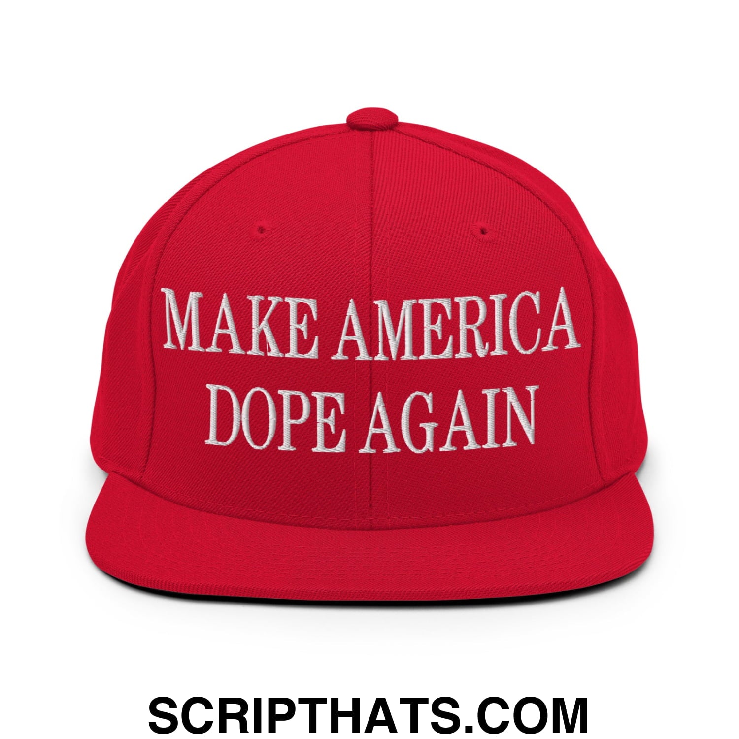 Red snapback cap with white embroidered make america dope again text featuring a flat bill brim design