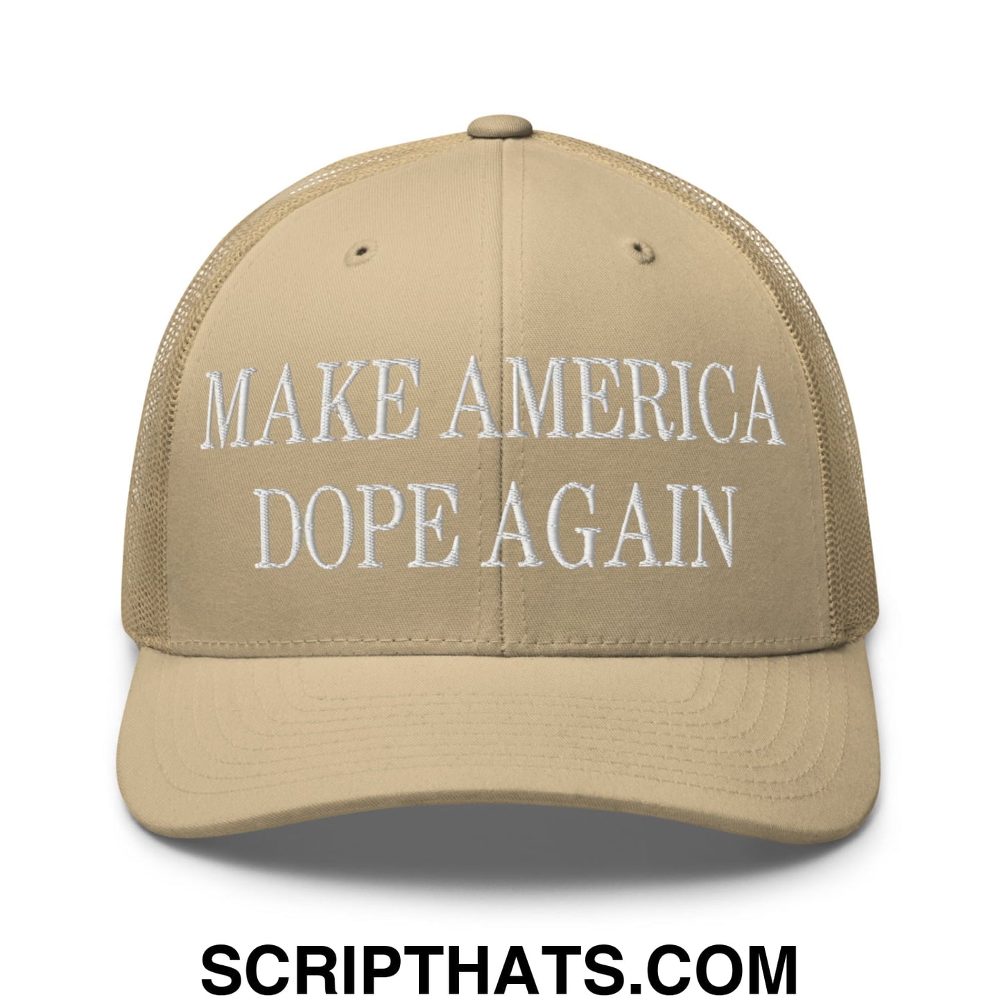 Beige mesh trucker hat with white embroidered make america dope again text for casual streetwear use