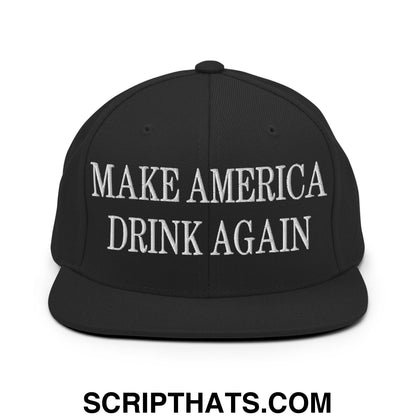 Black snapback hat with white embroidered make america drink again text and flat bill brim for casual wear