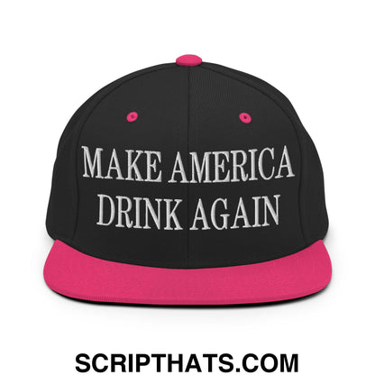 Black snapback cap with vibrant pink brim and button featuring white embroidered make america drink again text