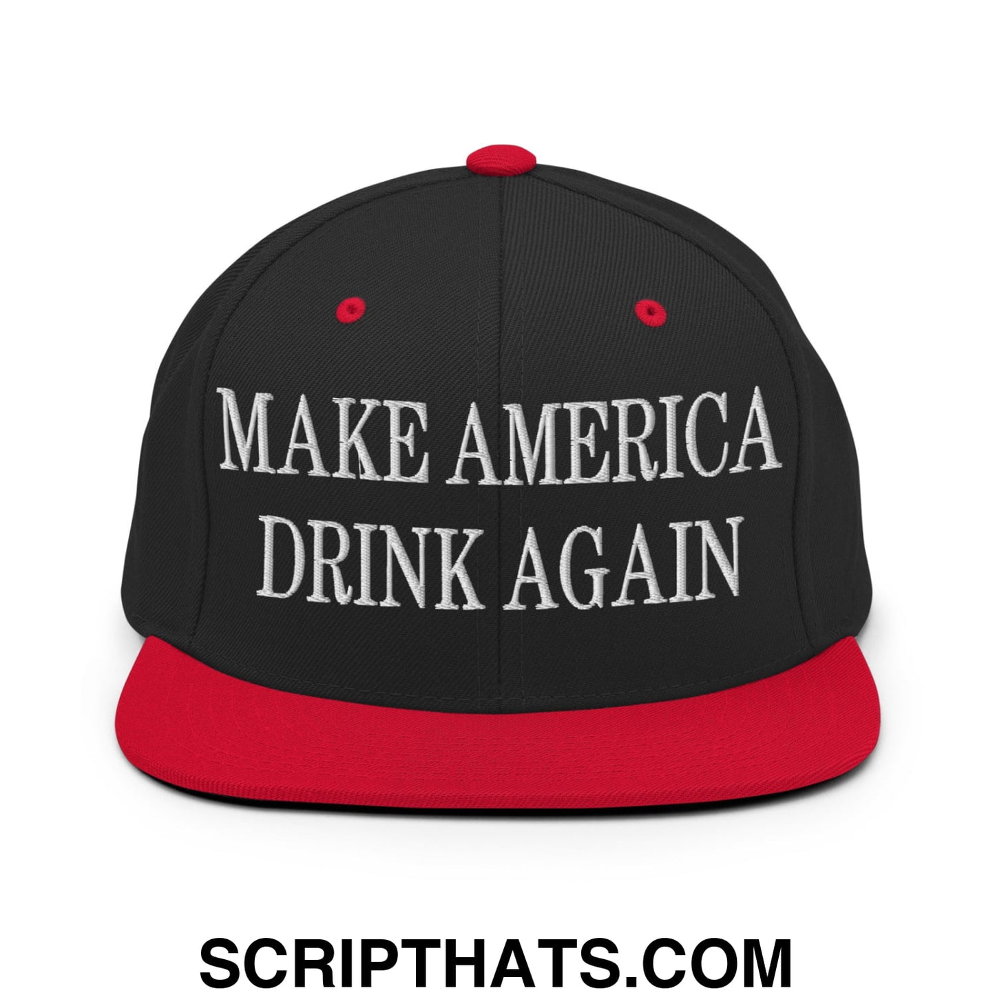 Black snapback cap with red brim and button featuring white embroidered make america drink again text