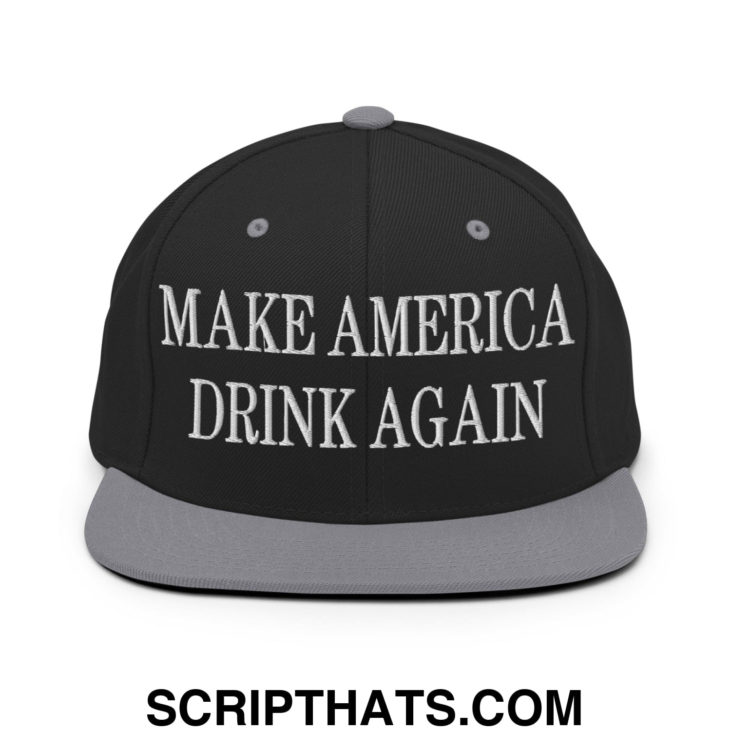Black snapback hat with gray brim and white embroidered make america drink again text flat bill brim design
