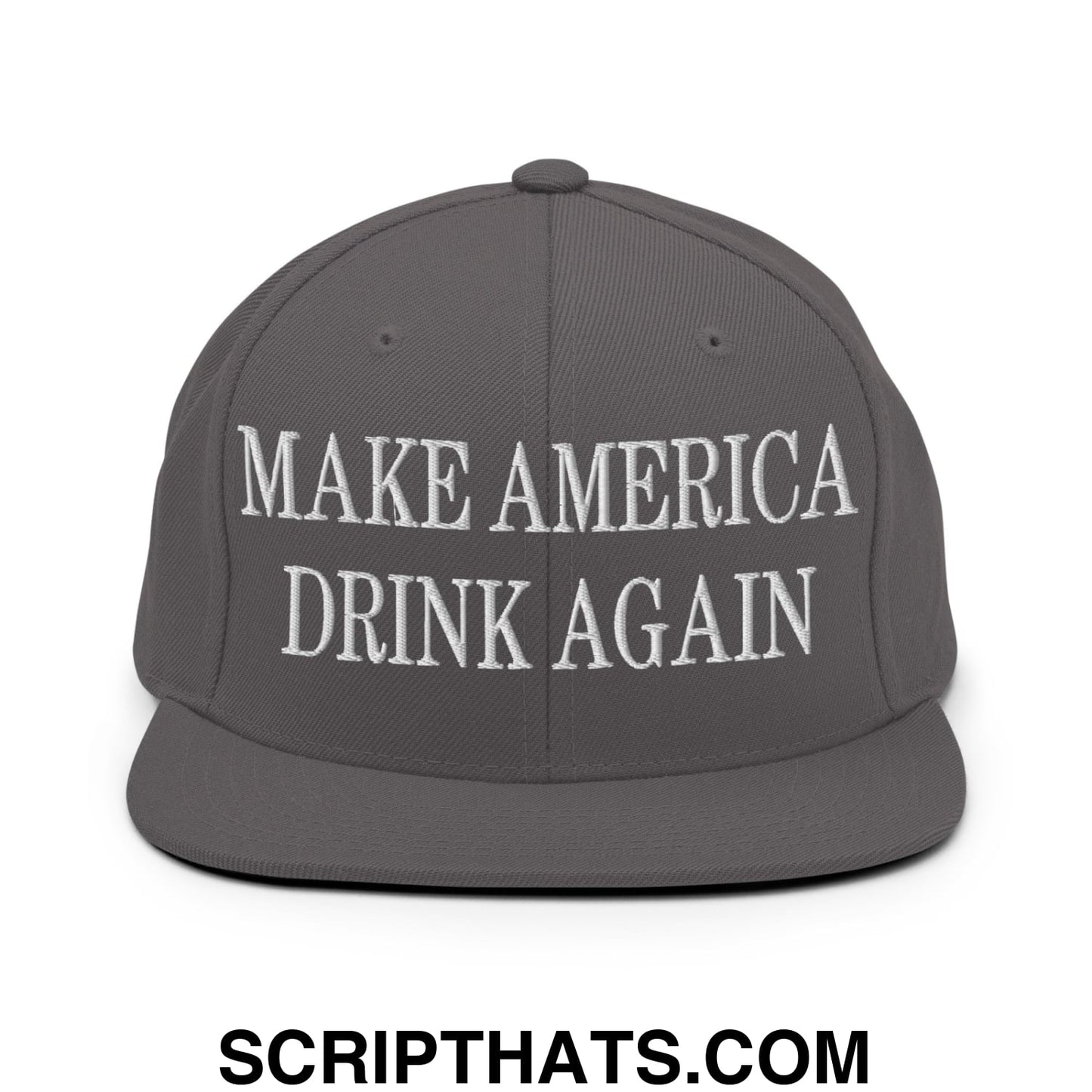 Gray snapback hat with white embroidered make america drink again text and flat bill brim for casual wear