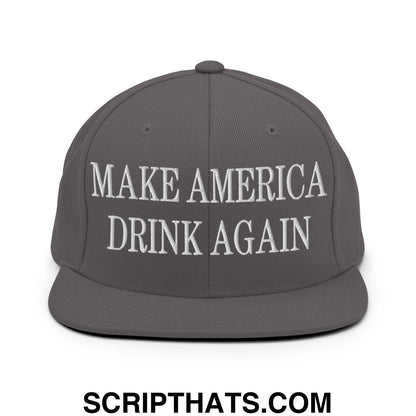Gray snapback hat with white embroidered make america drink again text and flat bill brim for casual wear