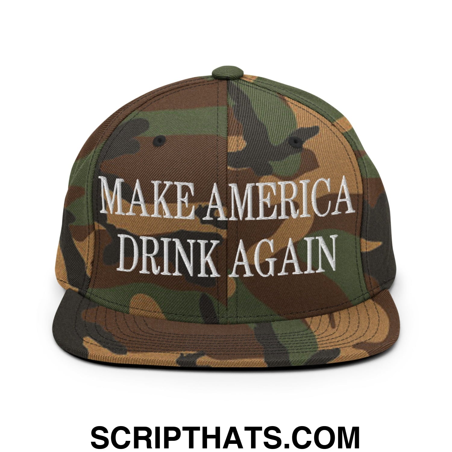 A camouflage snapback hat with white embroidered text make america drink again and a flat bill brim