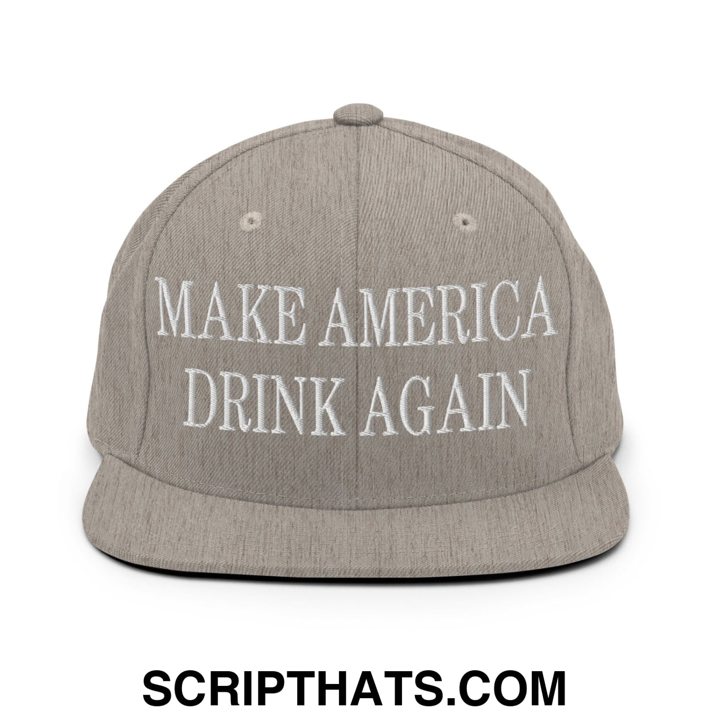 Gray snapback hat with white embroidered make america drink again text and flat bill brim for casual wear