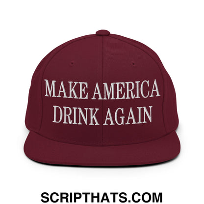 Maroon embroidered flat bill snapback hat with white make america drink again text for casual wear