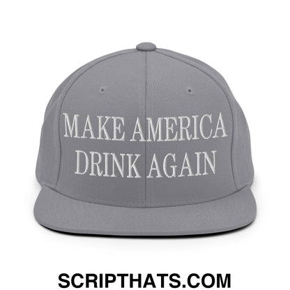 Gray snapback hat with white embroidered make america drink again text flat bill brim design