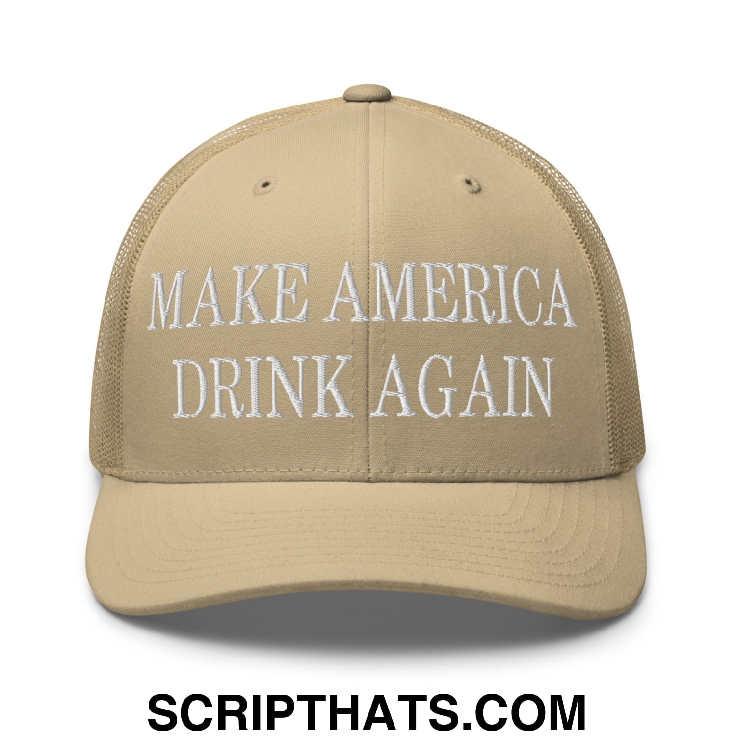 Make America Drink Again Embroidered Mesh Trucker Hat Khaki