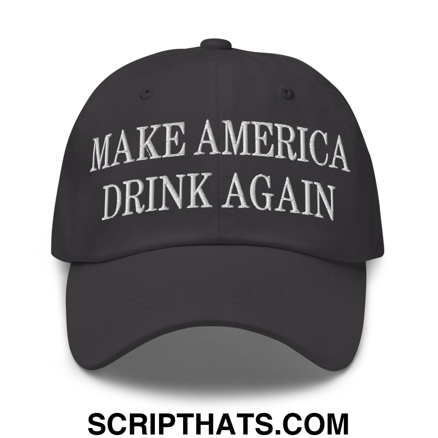 Black embroidered unstructured dad hat with white make america drink again text for casual wear