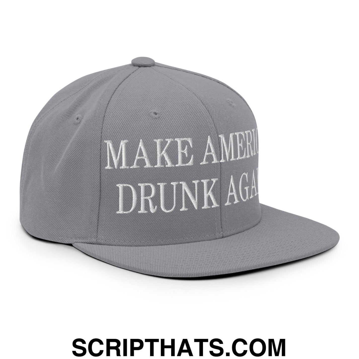 Gray snapback cap with white embroidered make america drunk again text and flat bill brim for casual wear