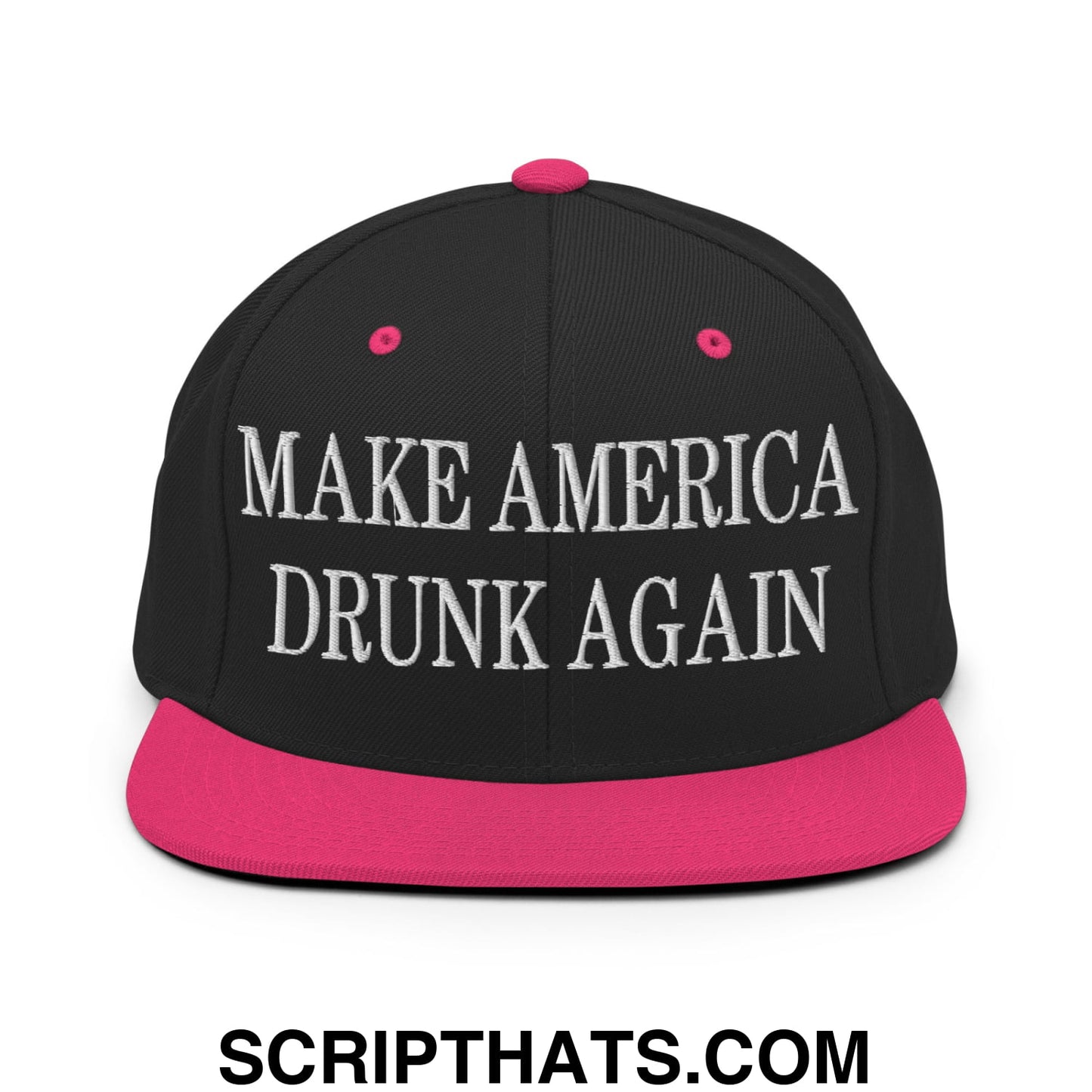 Black snapback hat with vibrant pink brim and white embroidered text make america drunk again on front