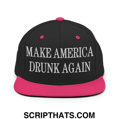 Black snapback hat with vibrant pink brim and white embroidered text make america drunk again on front